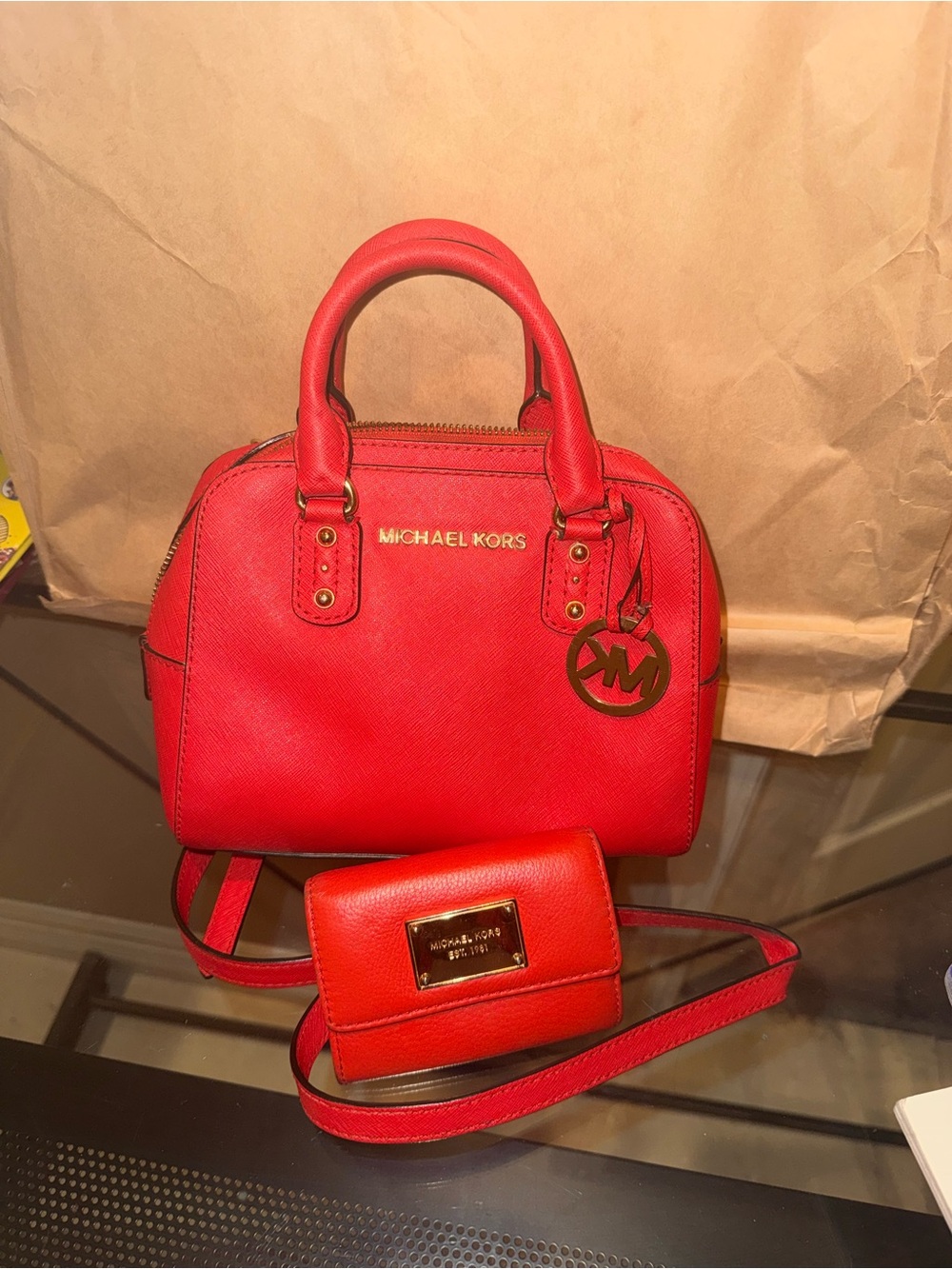 Michael Kors Red Saffiano Leather Satchel with Matching Wallet